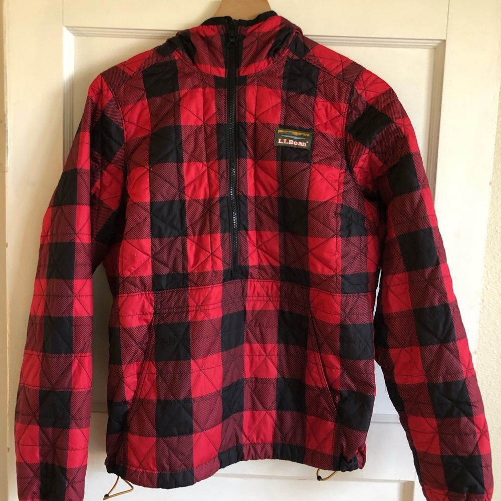 L.L.Bean Red and Black Buffalo Plaid Half Zip Puffer